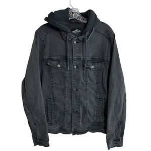 Hollister Men's Hooded Denim Trucker Jacket Black Bomber grunge sz Large